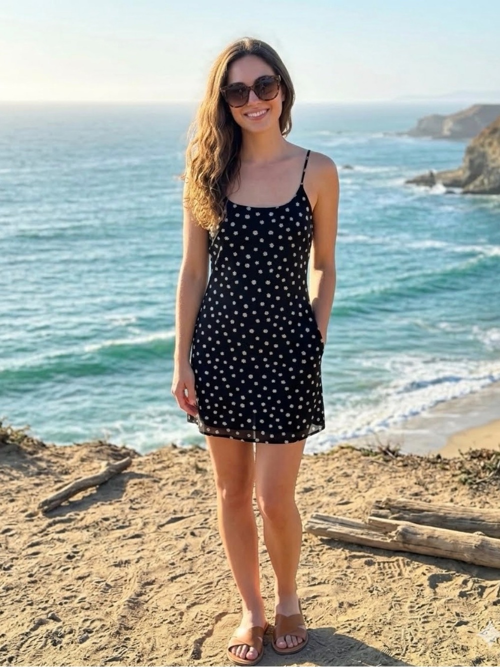 bp Black Mini Dress with White Daisy Print
